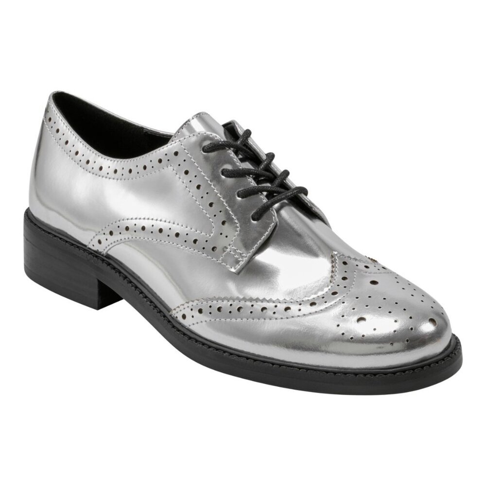 169$ Marc Fisher Perrie Metallic Leather Lace-Up Oxford Shoes Size 5 US Silver